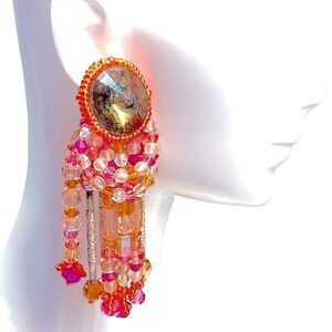 Hand beaded large orange amber chandelier earrings artisan made 3” x 2” pierced